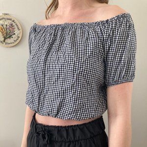 Gingham Plad Cropped Off the Shoulder Top Blouse